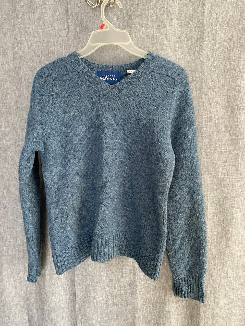 Vintage Express Bleus 100% Wool V-Neck Sweater Blue Heathered Knit Medium